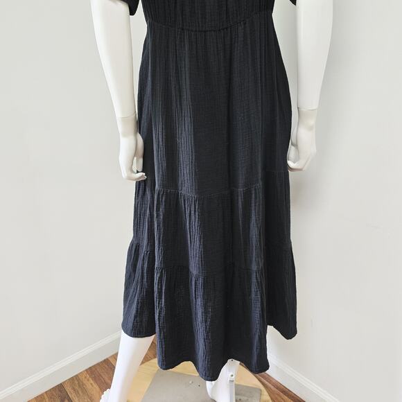 Madewell Dress Size 8 Black Lightspun Gauze Tiered Button Front Midi Pockets - Picture 9 of 16